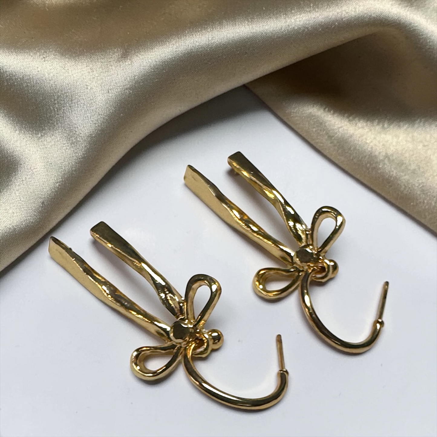 Bow Drop Hoop Earrings | Gold or Silver Mini Hoops with Hanging Bow | Trendy Dainty Statement Earrings | Lightweight Jewelry