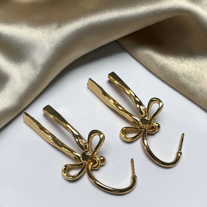 Bow Drop Hoop Earrings | Gold or Silver Mini Hoops with Hanging Bow | Trendy Dainty Statement Earrings | Lightweight Jewelry