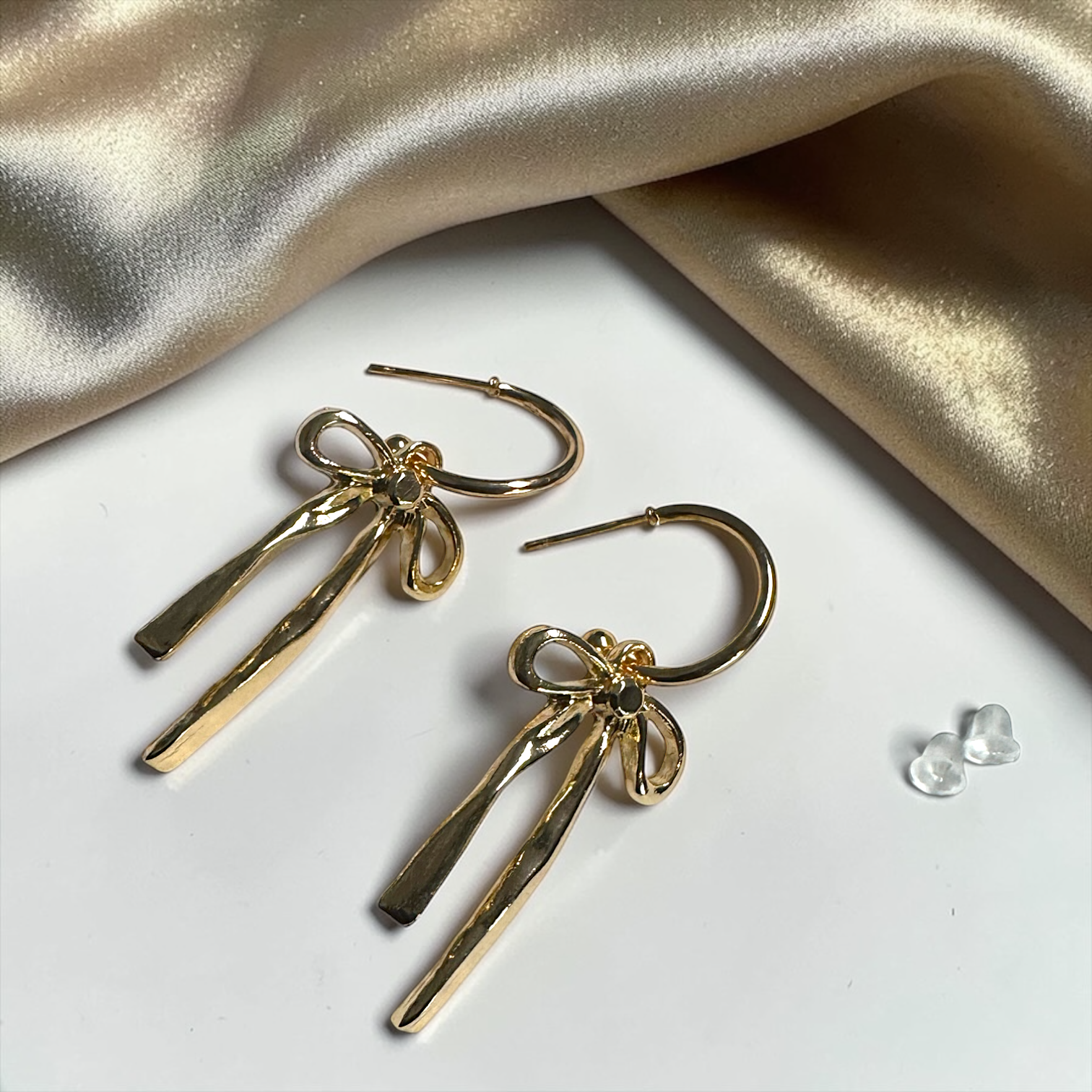 Bow Drop Hoop Earrings | Gold or Silver Mini Hoops with Hanging Bow | Trendy Dainty Statement Earrings | Lightweight Jewelry