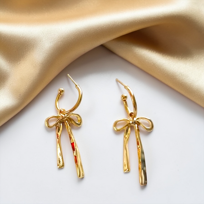 Bow Drop Hoop Earrings | Gold or Silver Mini Hoops with Hanging Bow | Trendy Dainty Statement Earrings | Lightweight Jewelry