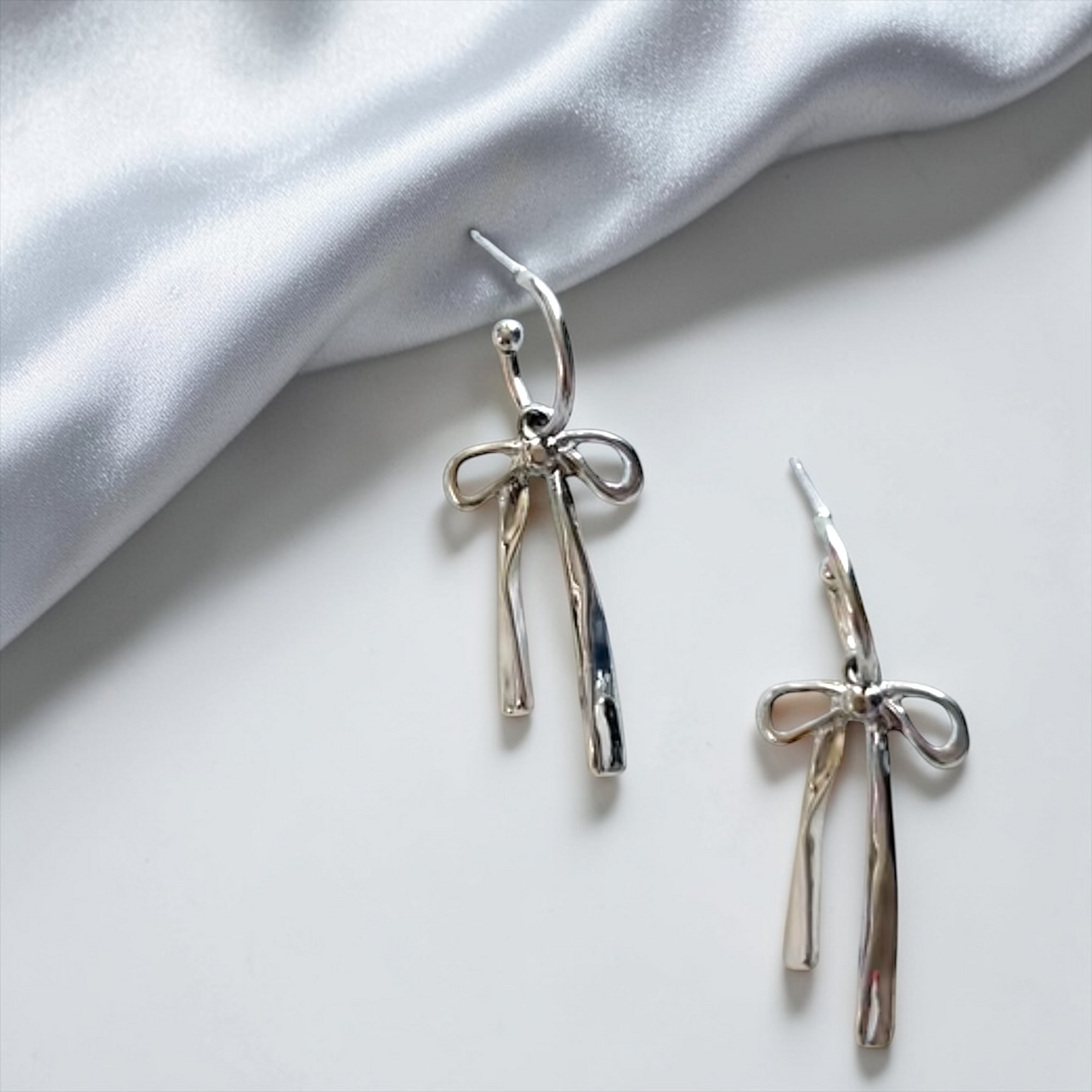 Bow Drop Hoop Earrings | Gold or Silver Mini Hoops with Hanging Bow | Trendy Dainty Statement Earrings | Lightweight Jewelry