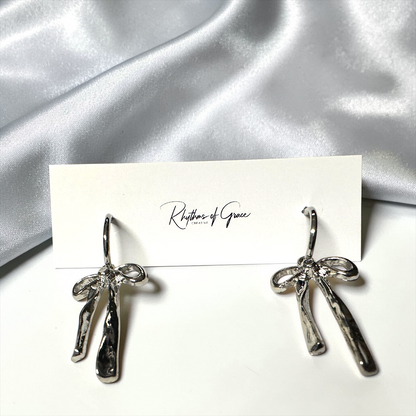 Bow Drop Hoop Earrings | Gold or Silver Mini Hoops with Hanging Bow | Trendy Dainty Statement Earrings | Lightweight Jewelry
