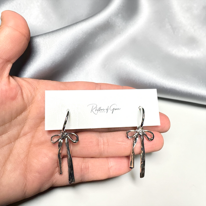 Bow Drop Hoop Earrings | Gold or Silver Mini Hoops with Hanging Bow | Trendy Dainty Statement Earrings | Lightweight Jewelry