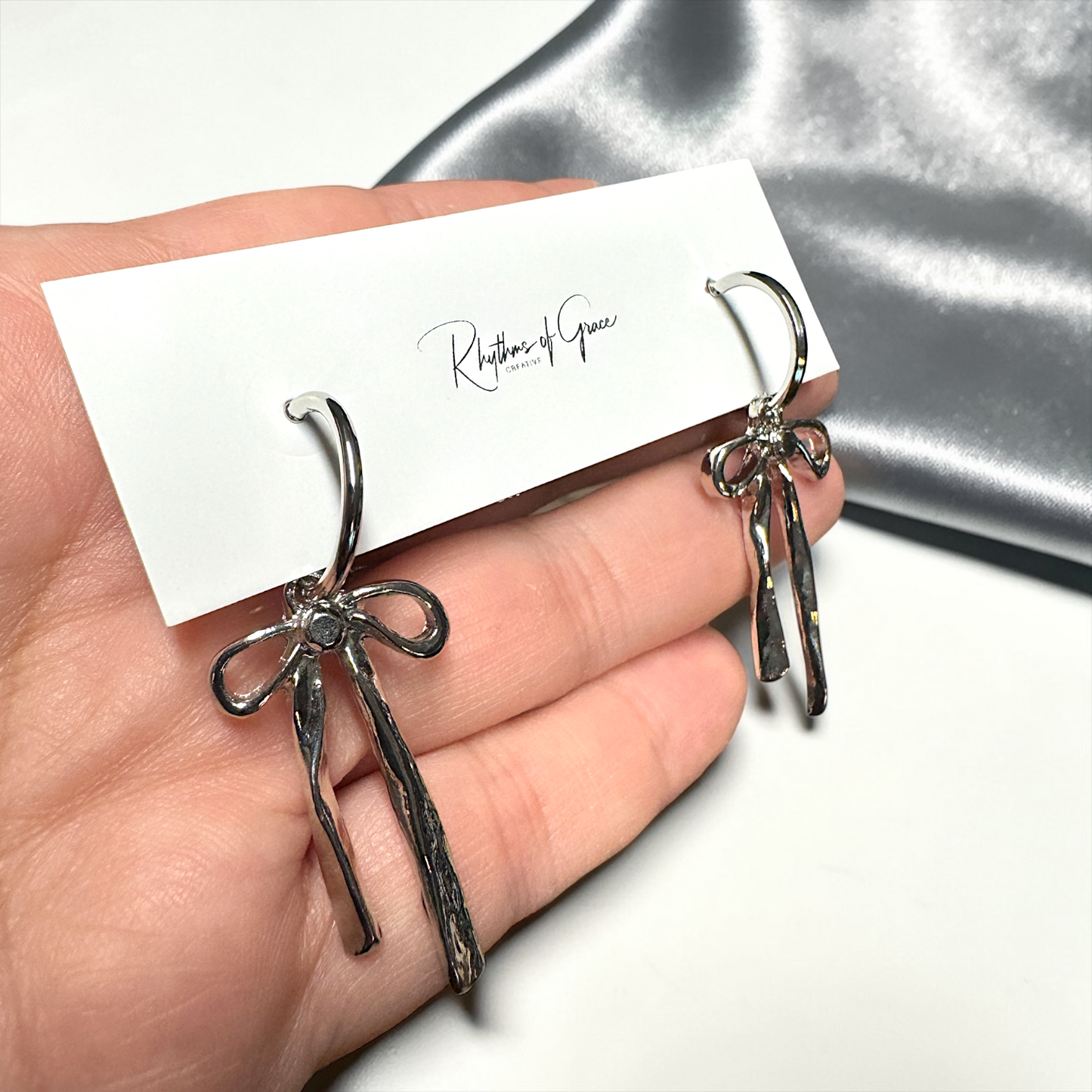 Bow Drop Hoop Earrings | Gold or Silver Mini Hoops with Hanging Bow | Trendy Dainty Statement Earrings | Lightweight Jewelry