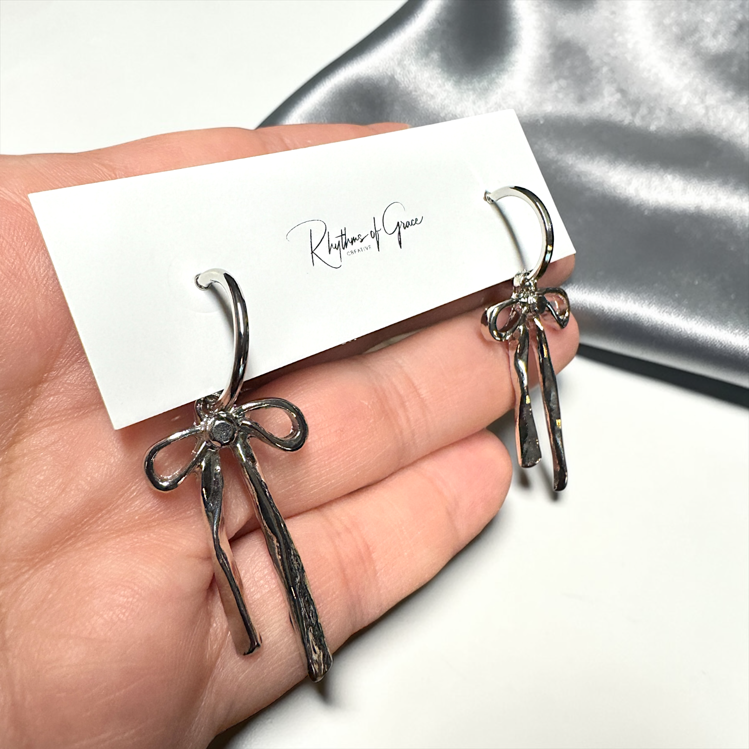 Bow Drop Hoop Earrings | Gold or Silver Mini Hoops with Hanging Bow | Trendy Dainty Statement Earrings | Lightweight Jewelry