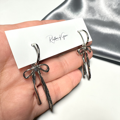 Bow Drop Hoop Earrings | Gold or Silver Mini Hoops with Hanging Bow | Trendy Dainty Statement Earrings | Lightweight Jewelry