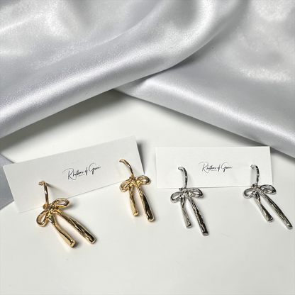 Bow Drop Hoop Earrings | Gold or Silver Mini Hoops with Hanging Bow | Trendy Dainty Statement Earrings | Lightweight Jewelry
