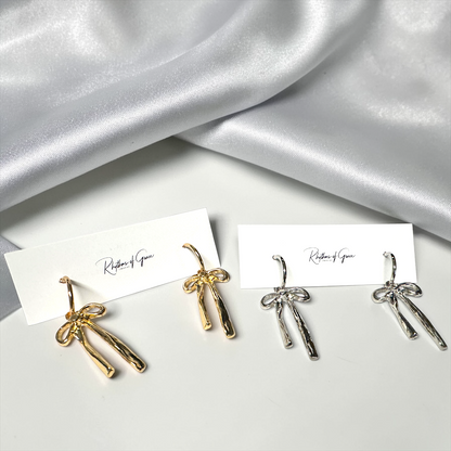 Bow Drop Hoop Earrings | Gold or Silver Mini Hoops with Hanging Bow | Trendy Dainty Statement Earrings | Lightweight Jewelry