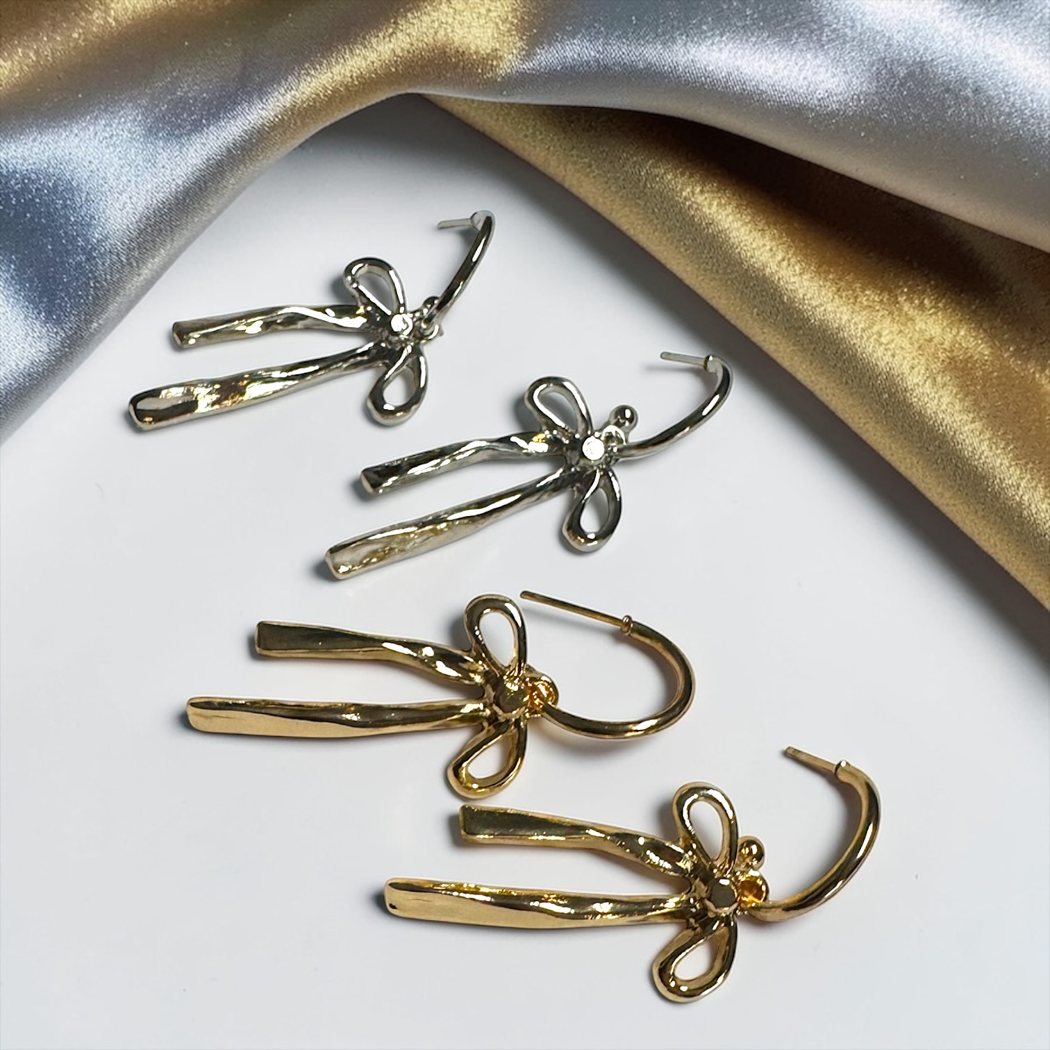 Bow Drop Hoop Earrings | Gold or Silver Mini Hoops with Hanging Bow | Trendy Dainty Statement Earrings | Lightweight Jewelry