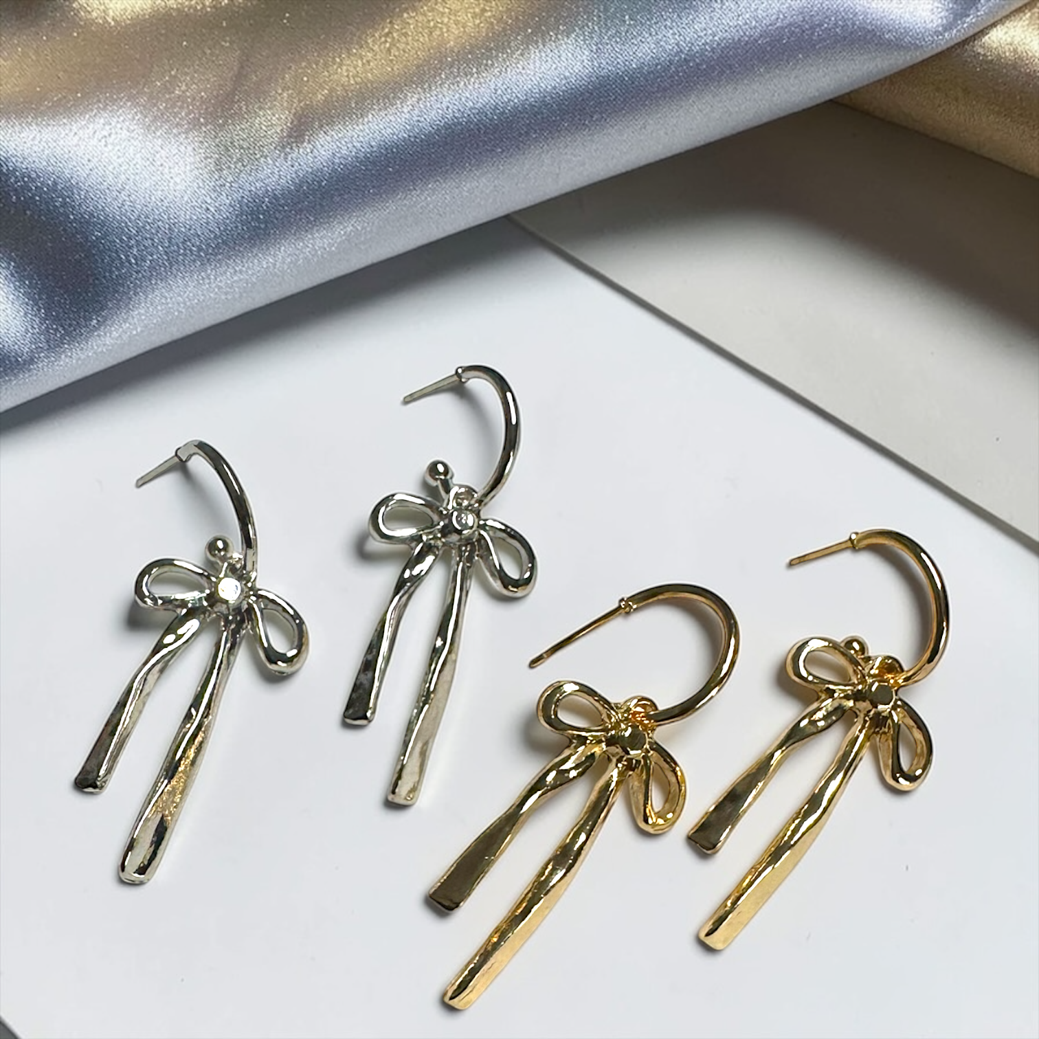 Bow Drop Hoop Earrings | Gold or Silver Mini Hoops with Hanging Bow | Trendy Dainty Statement Earrings | Lightweight Jewelry