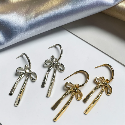 Bow Drop Hoop Earrings | Gold or Silver Mini Hoops with Hanging Bow | Trendy Dainty Statement Earrings | Lightweight Jewelry