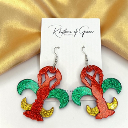 Dive into the Cajun Spirit with Fleur de Lis Crawfish Earrings!
