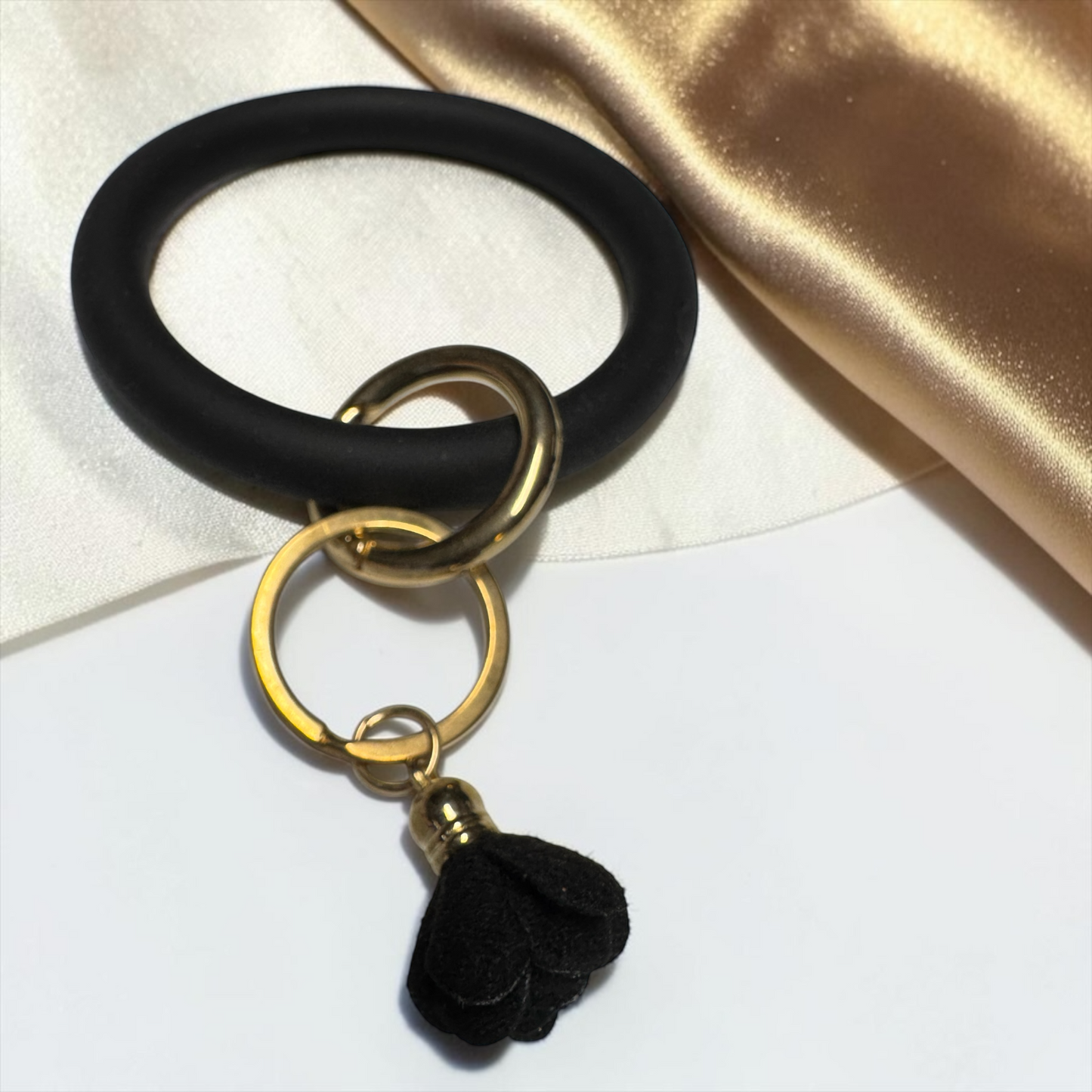 Midnight Luxe Silicone Bangle Keychain Bracelet – Black & Gold Tassel Wristlet