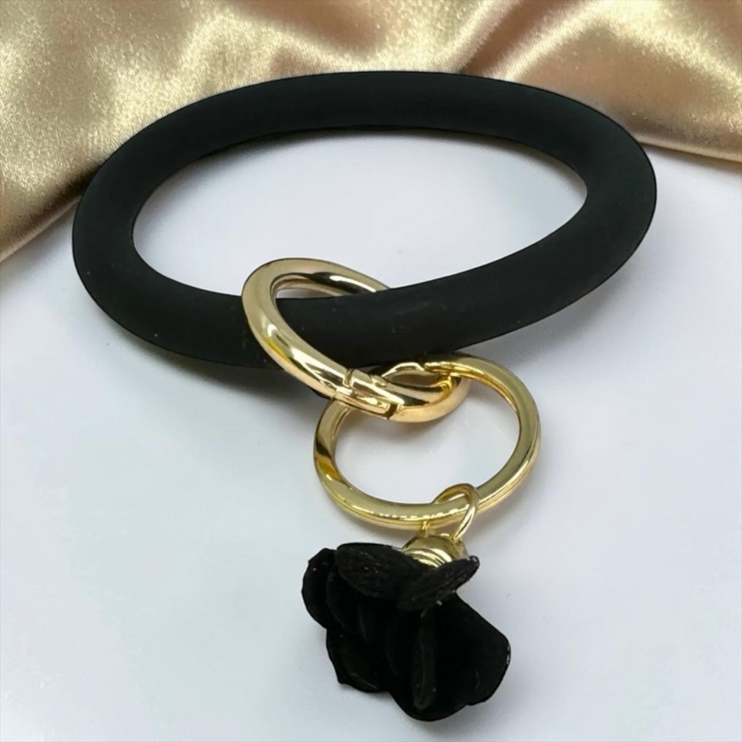 Midnight Luxe Silicone Bangle Keychain Bracelet – Black & Gold Tassel Wristlet