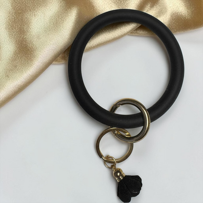 Midnight Luxe Silicone Bangle Keychain Bracelet – Black & Gold Tassel Wristlet