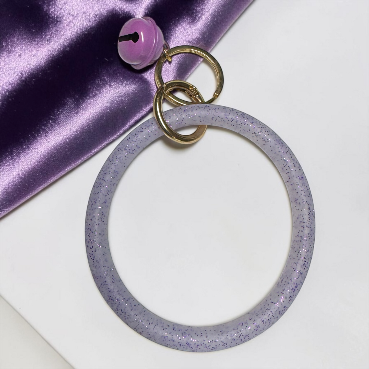 Lavender Sparkle Silicone Bangle Keychain – Glitter Wristlet with Bell Charm