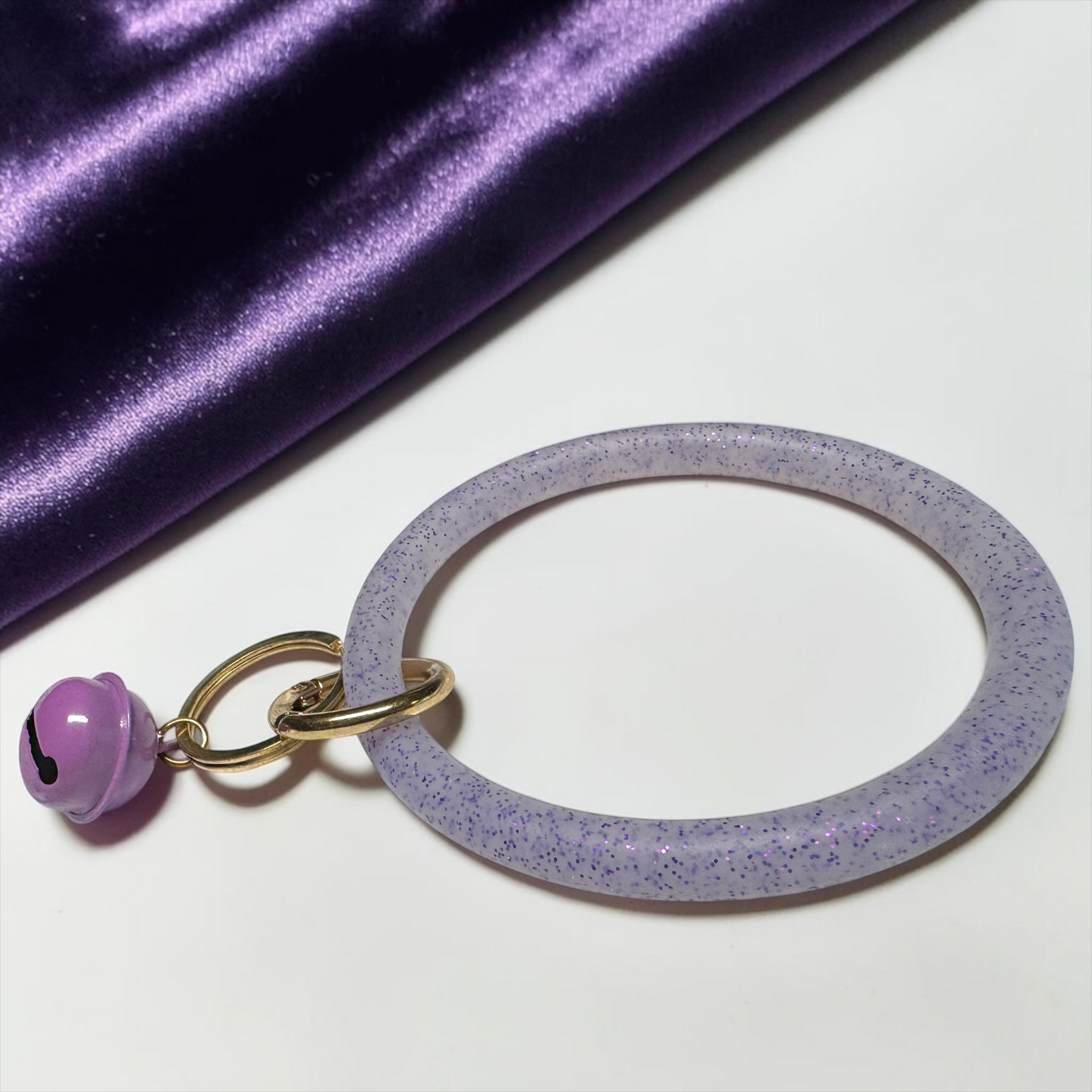 Lavender Sparkle Silicone Bangle Keychain – Glitter Wristlet with Bell Charm