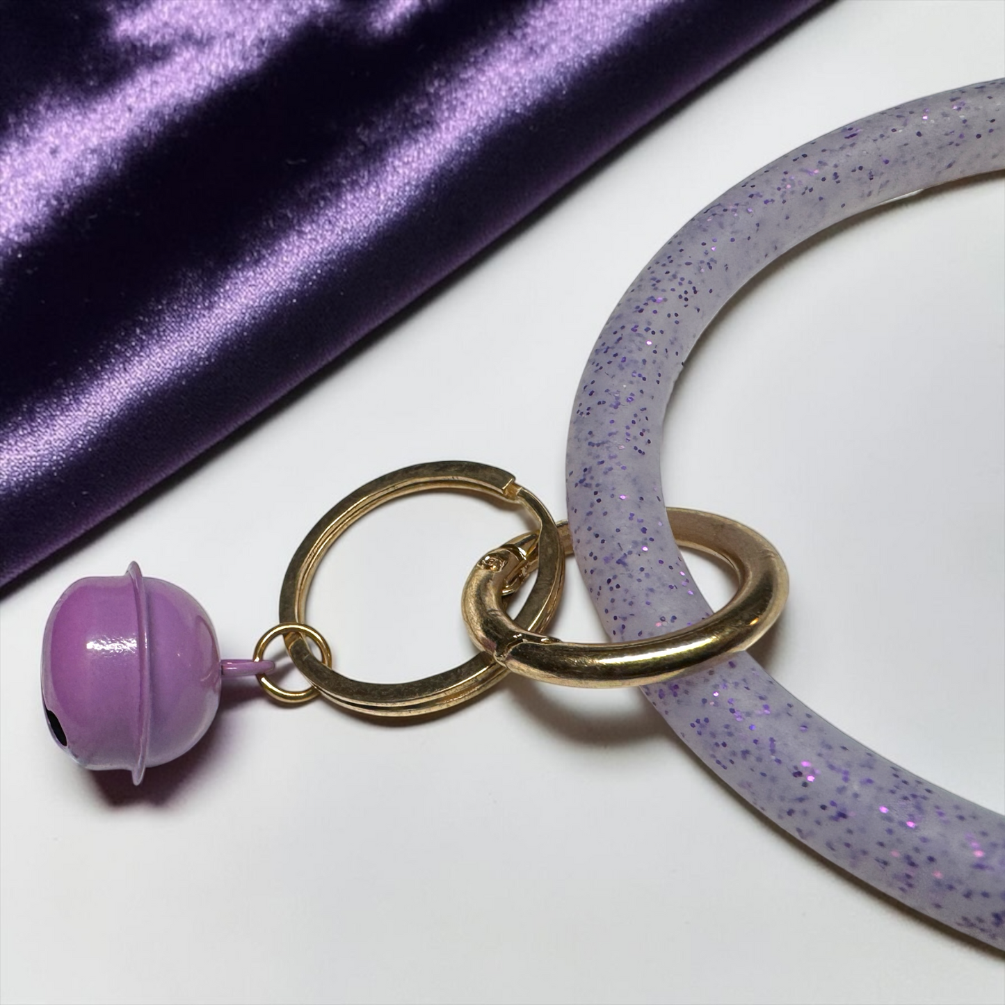 Lavender Sparkle Silicone Bangle Keychain – Glitter Wristlet with Bell Charm