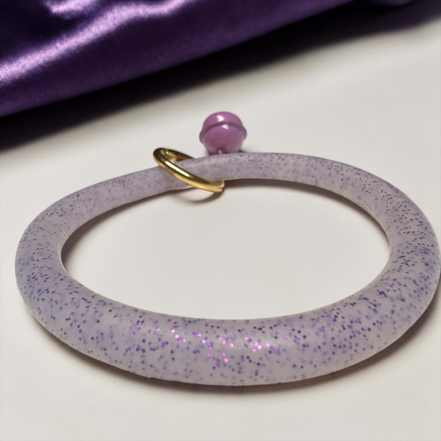 Lavender Sparkle Silicone Bangle Keychain – Glitter Wristlet with Bell Charm