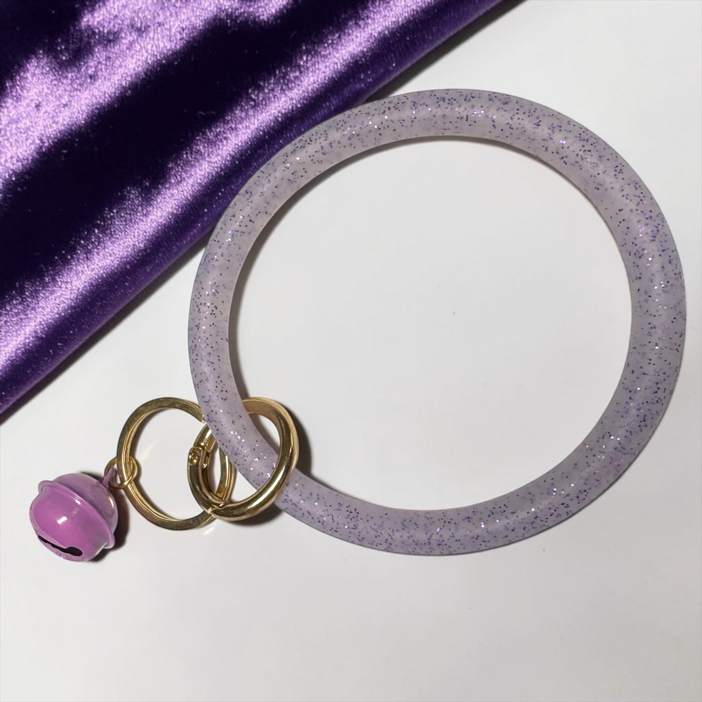 Lavender Sparkle Silicone Bangle Keychain – Glitter Wristlet with Bell Charm