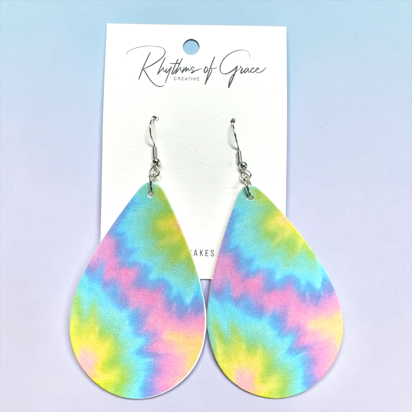 Pastel Tie Dye Teardrop Wood Earrings – Rainbow Boho Statement Earrings