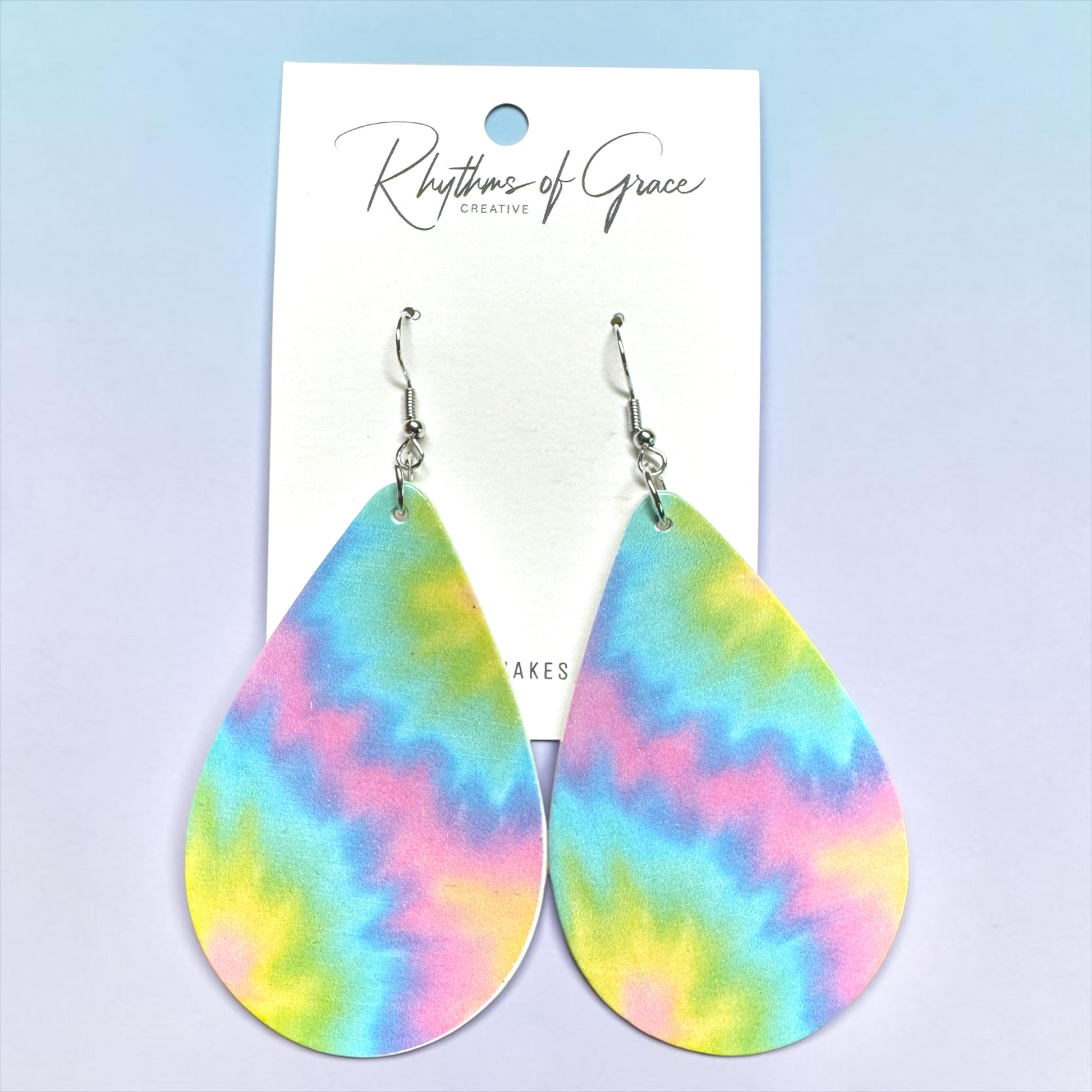 Pastel Tie Dye Teardrop Wood Earrings – Rainbow Boho Statement Earrings