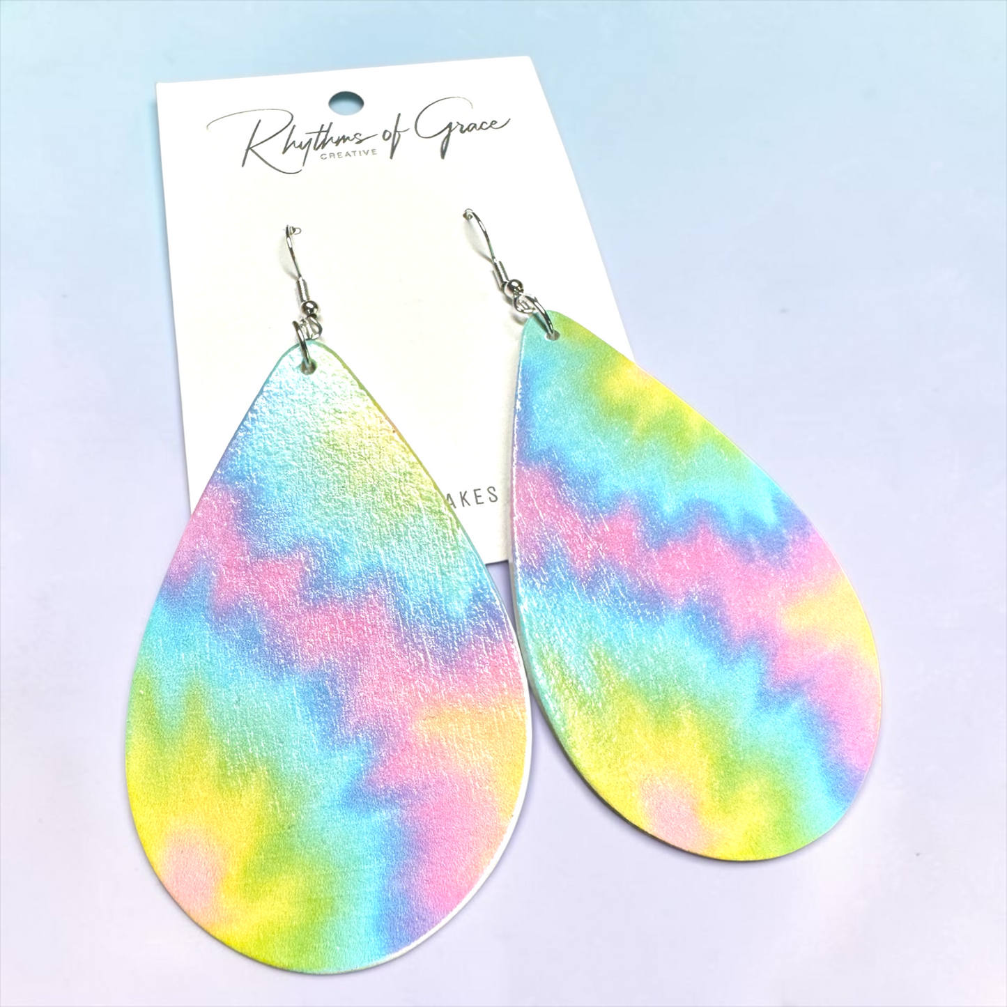Pastel Tie Dye Teardrop Wood Earrings – Rainbow Boho Statement Earrings