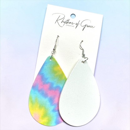 Pastel Tie Dye Teardrop Wood Earrings – Rainbow Boho Statement Earrings