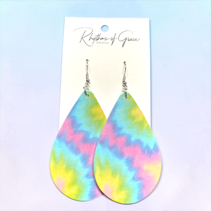 Pastel Tie Dye Teardrop Wood Earrings – Rainbow Boho Statement Earrings