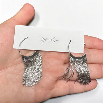 Dainty Silver Tassel Hoop Earrings – Stainless Steel Fringe Statement Earrings
