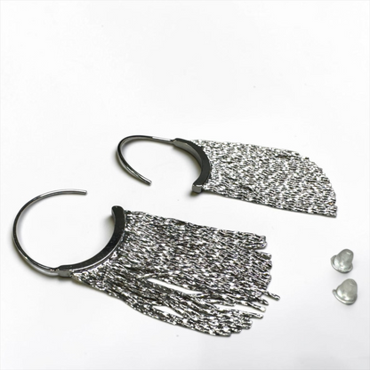 Dainty Silver Tassel Hoop Earrings – Stainless Steel Fringe Statement Earrings