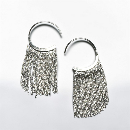 Dainty Silver Tassel Hoop Earrings – Stainless Steel Fringe Statement Earrings