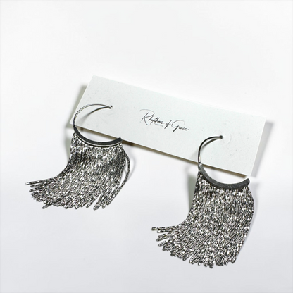 Dainty Silver Tassel Hoop Earrings – Stainless Steel Fringe Statement Earrings