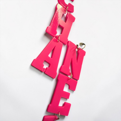 Hot Pink "CHANEL" Acrylic Statement Earrings – Barbiecore Glam Rhinestone Dangle Earrings