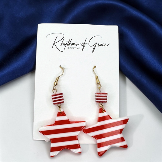 Eye-Catching Red & White Striped Dangle Star Earrings - Stainless Steel & Acrylic