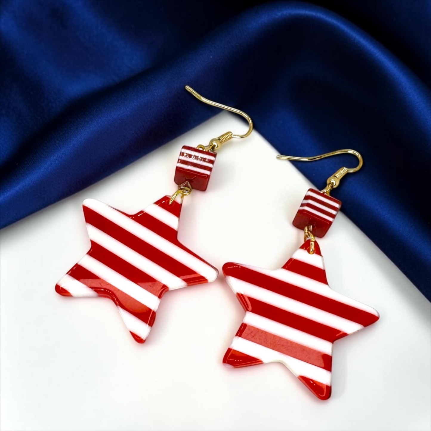 Eye-Catching Red & White Striped Dangle Star Earrings - Stainless Steel & Acrylic