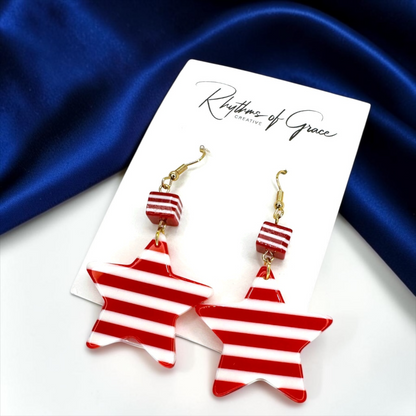 Eye-Catching Red & White Striped Dangle Star Earrings - Stainless Steel & Acrylic