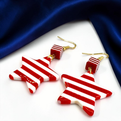 Eye-Catching Red & White Striped Dangle Star Earrings - Stainless Steel & Acrylic