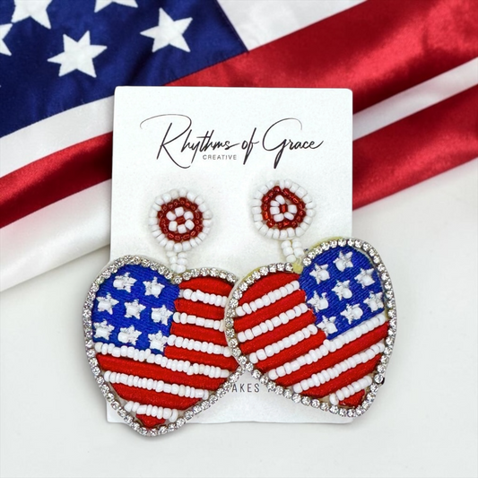 Patriotic Beaded Dangle Earrings - Fourth of July Stars and Stripes
