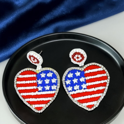 Patriotic Beaded Dangle Earrings - Fourth of July Stars and Stripes