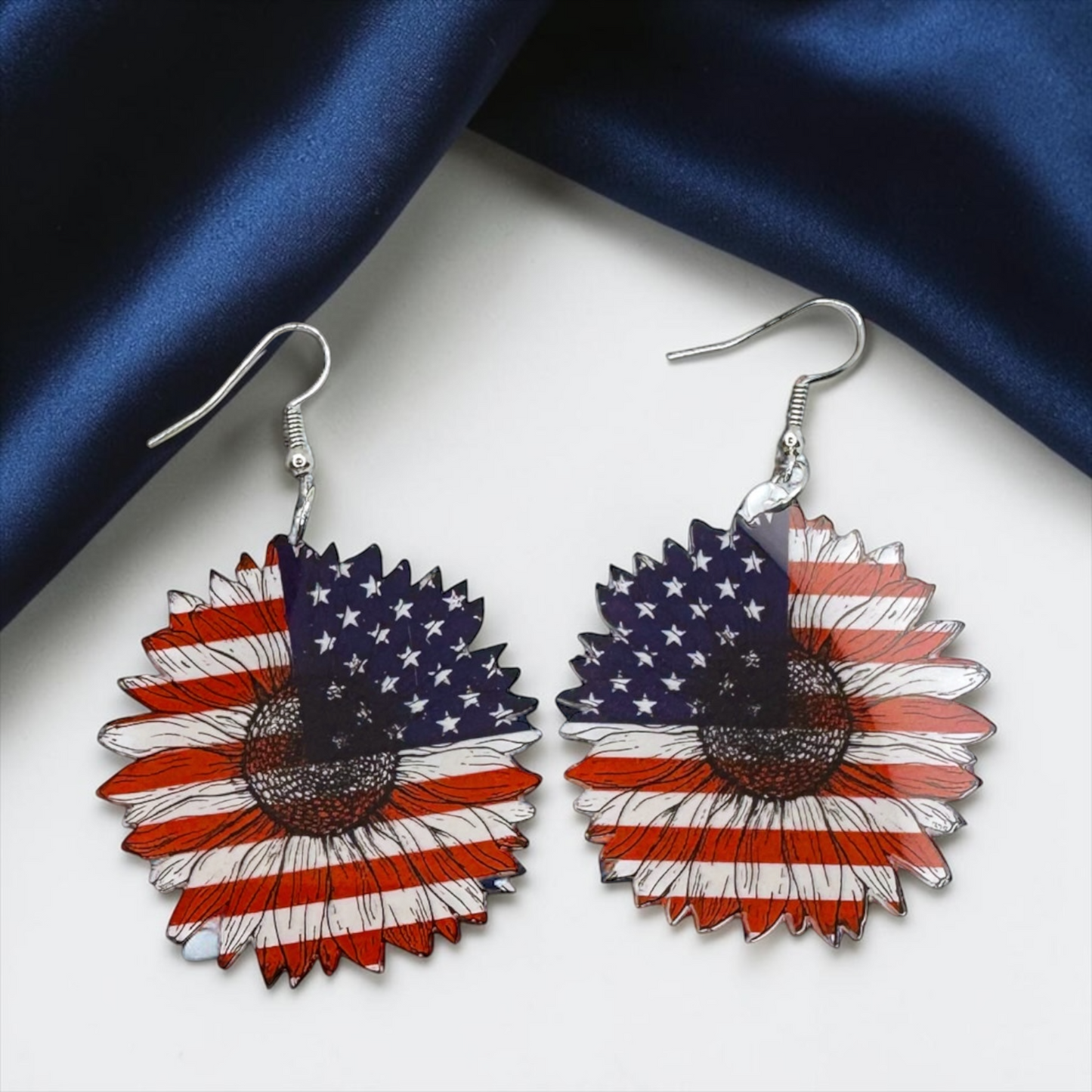 Patriotic Flower Dangle Earrings - Stars & Stripes Design