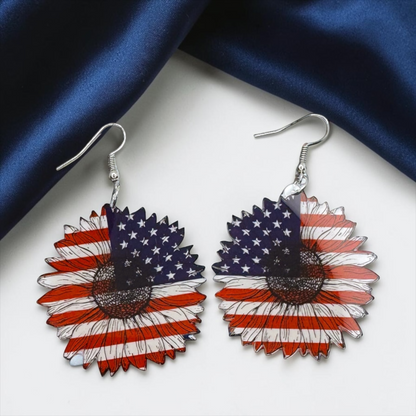 Patriotic Flower Dangle Earrings - Stars & Stripes Design