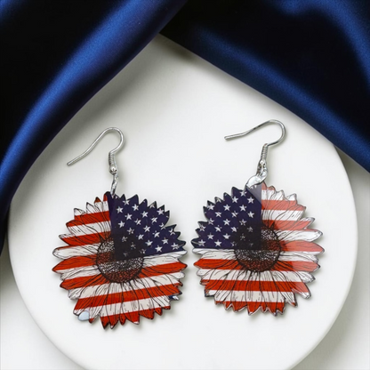 Patriotic Flower Dangle Earrings - Stars & Stripes Design