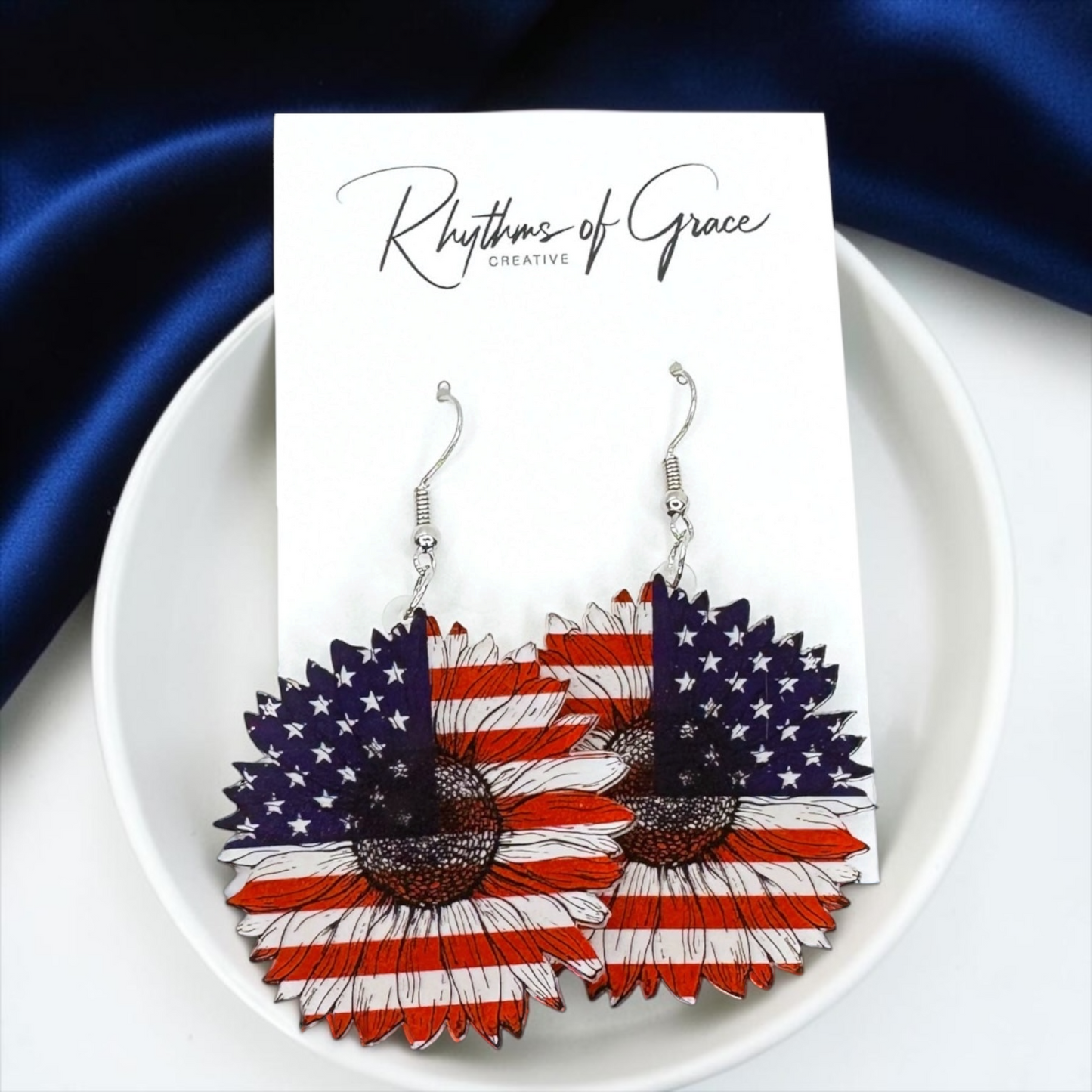 Patriotic Flower Dangle Earrings - Stars & Stripes Design