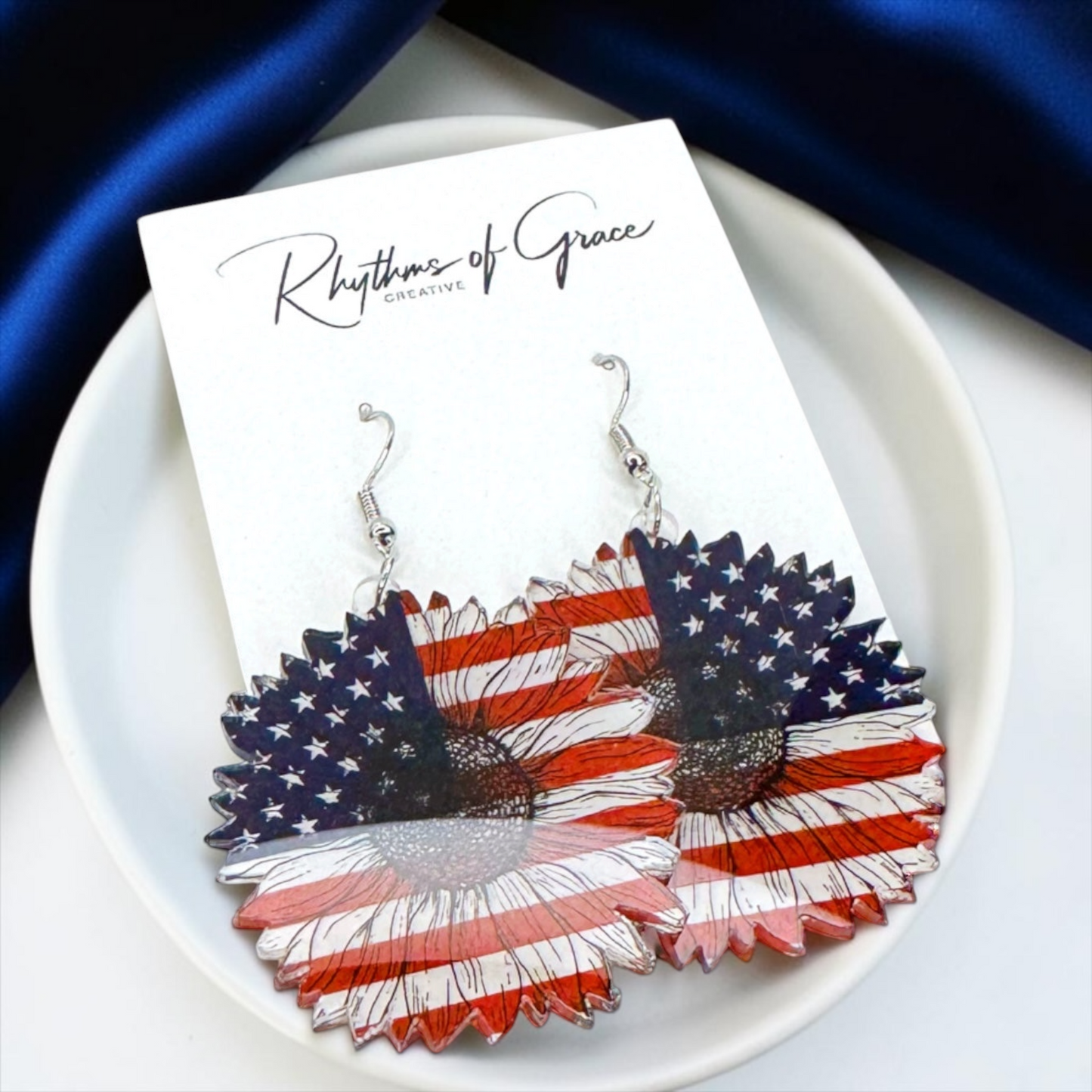 Patriotic Flower Dangle Earrings - Stars & Stripes Design