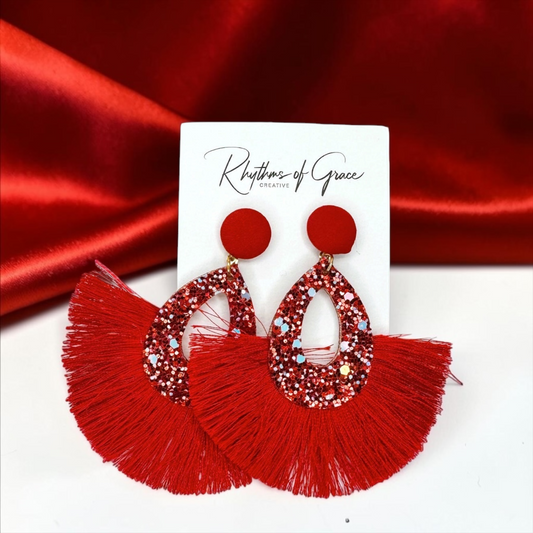 Sparkling Red Glitter Tassel Dangle Earrings - Bold Statement Jewelry