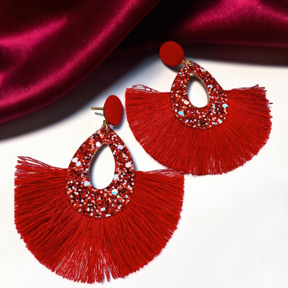 Sparkling Red Glitter Tassel Dangle Earrings - Bold Statement Jewelry