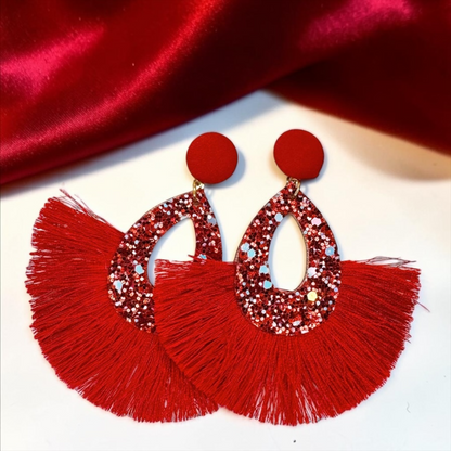 Sparkling Red Glitter Tassel Dangle Earrings - Bold Statement Jewelry