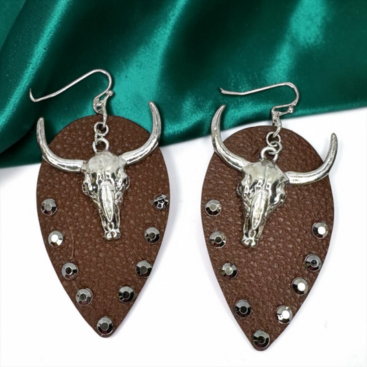 Stunning Western Bull Head Dangle Earrings - Brown Leather, Zinc Alloy, Stainless Steel & Rhinestones