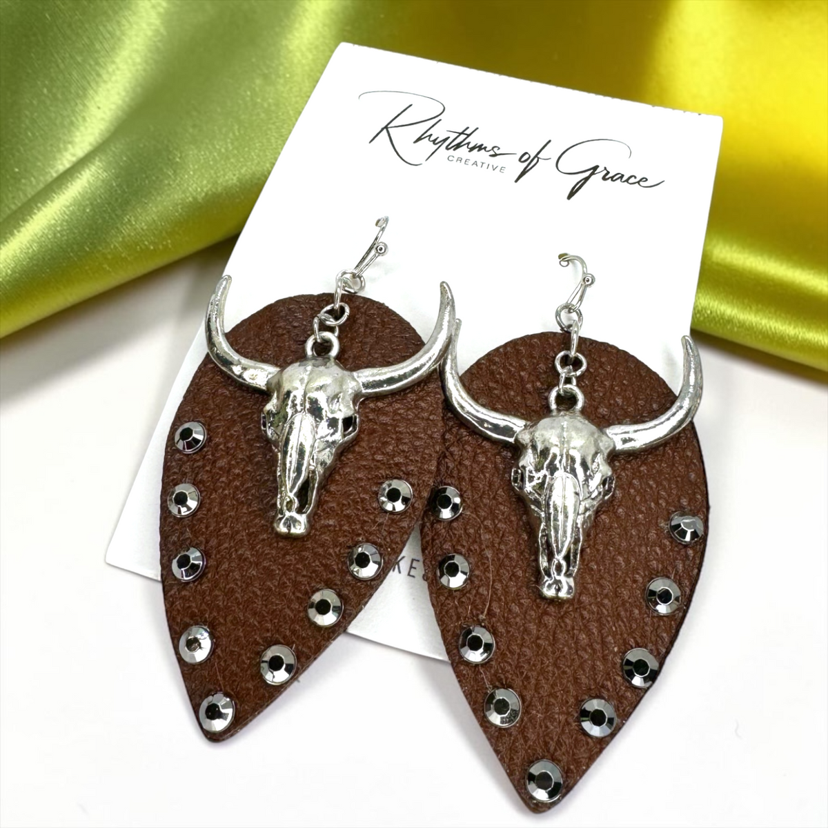 Stunning Western Bull Head Dangle Earrings - Brown Leather, Zinc Alloy, Stainless Steel & Rhinestones